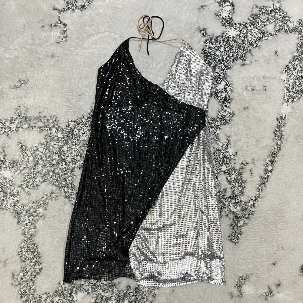 Alice + Olivia Sequin Mini Dress Womens 0 Black Silver‎ One Shoulder Party